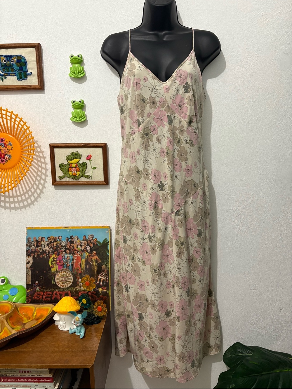 100% Silk J. Crew Cream Slip Maxi Dress with Soft Pink Floral Print
